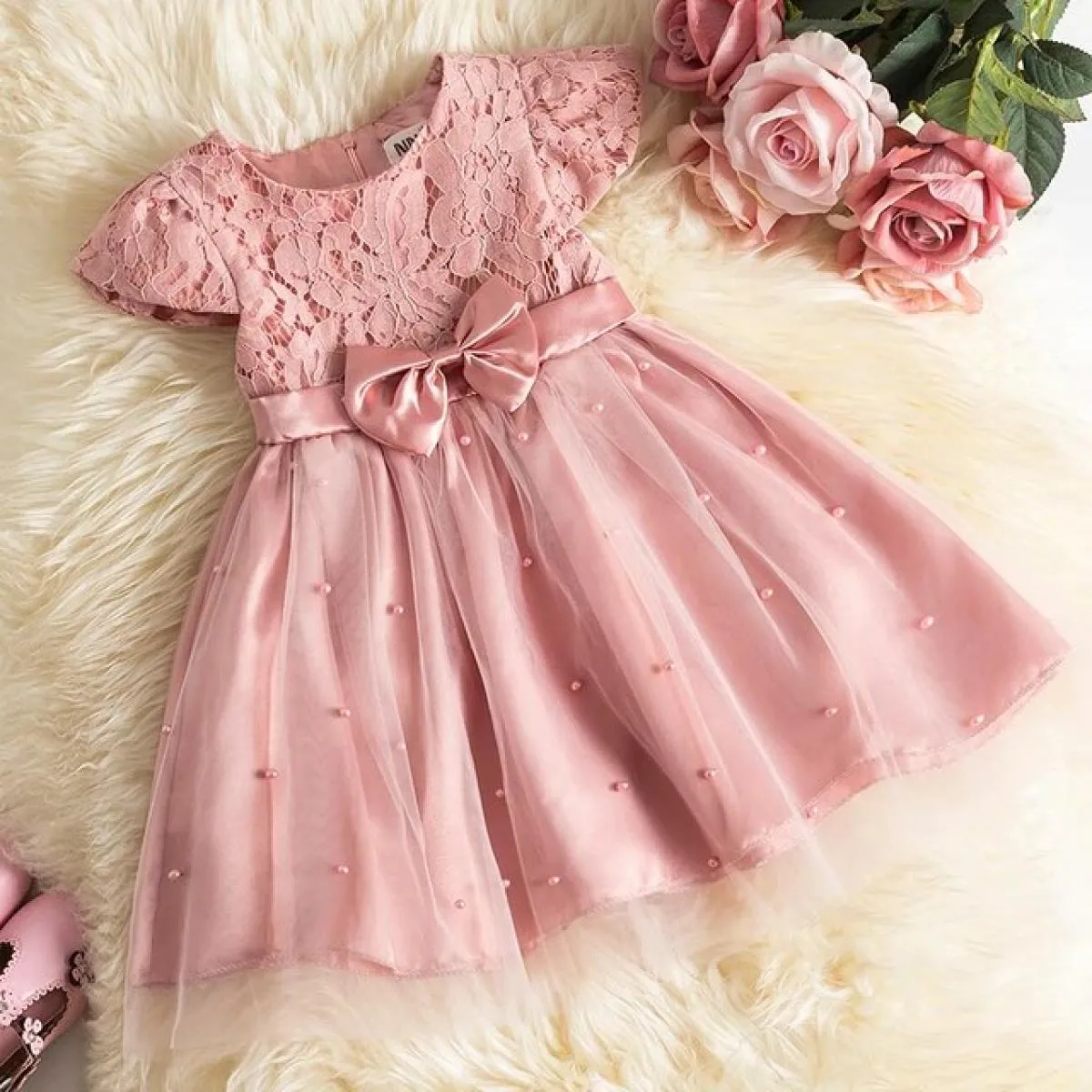 Abiti da festa di compleanno per bambina da 12 mesi Ricamo natalizio Floreale Grande fiocco Abito da tutu da sposa Ragazze Rosa