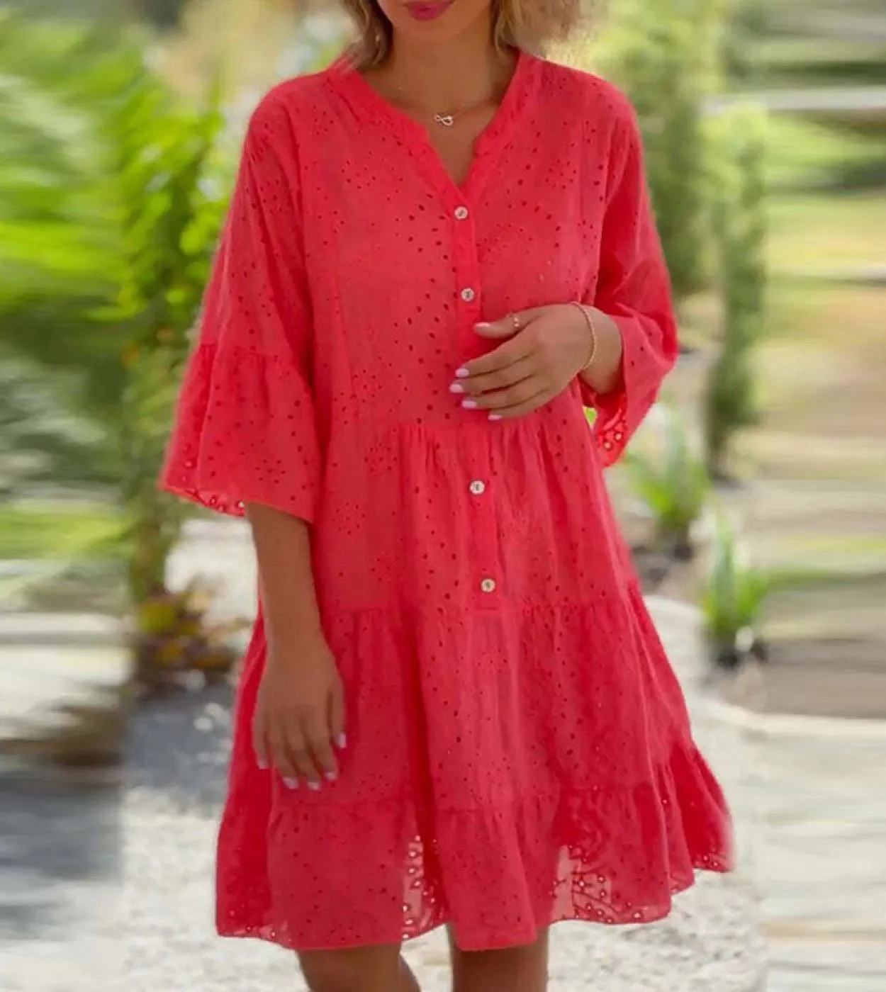 Abito estivo con scollo a V solido Abito da donna elegante con ricami in pizzo Abito da festa vuoto 2023 Mini Dre allentato con
