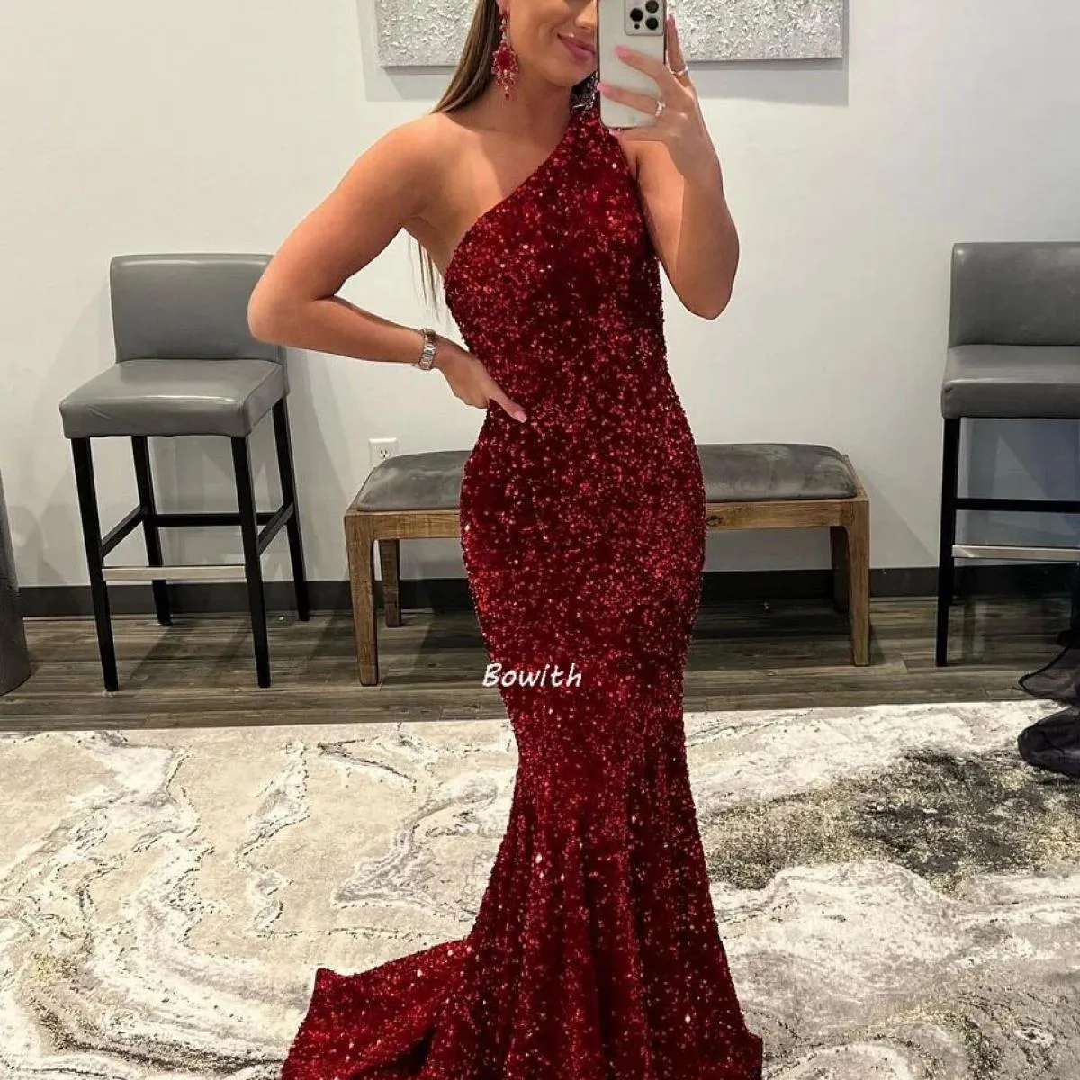 Bowith Abito da ballo con sirena glitterata Abito da festa con paillettes monospalla senza schienale Abito da sera lungo di luss