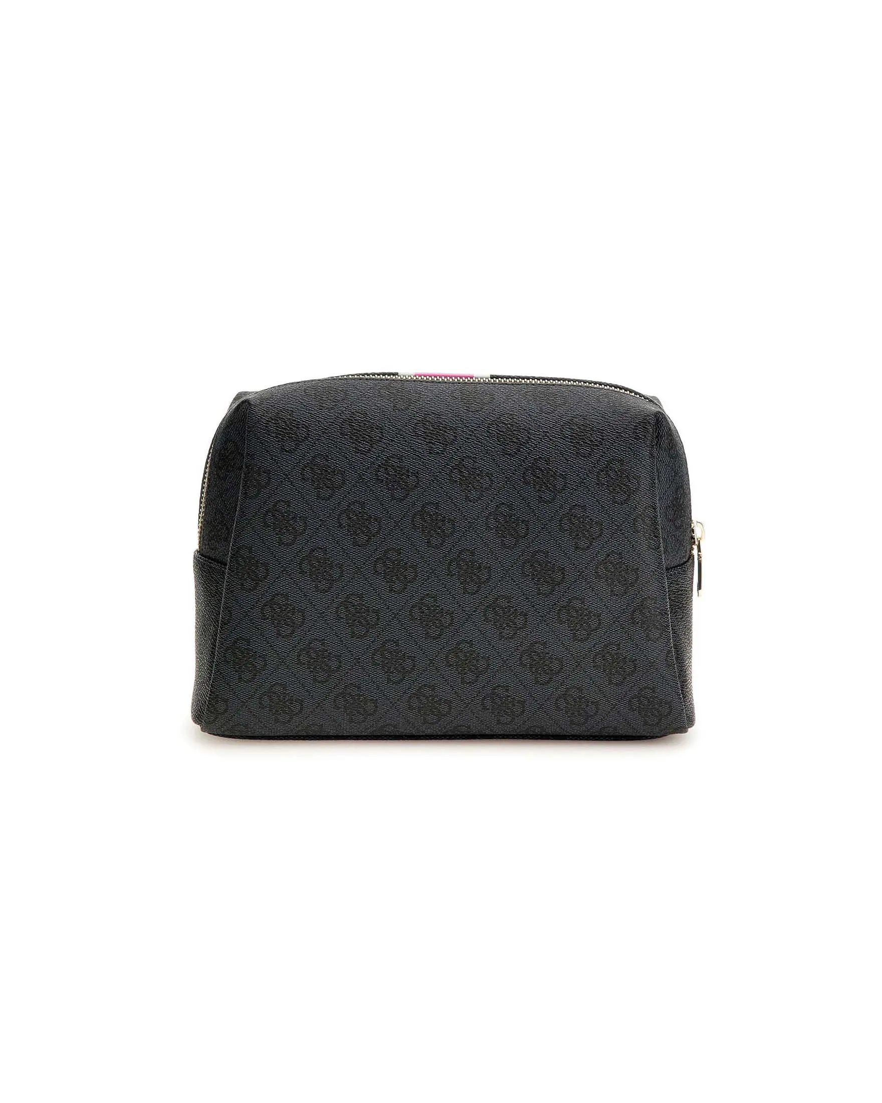 Cosmetic bag in similpelle grigia a motivo monogram nero e banda frontale rosa con logo in metallo