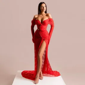 Drammatico pizzo rosso abiti lunghi da ballo abito da ballo a sirena con spacco alto 2024 abito da festa formale personalizzato