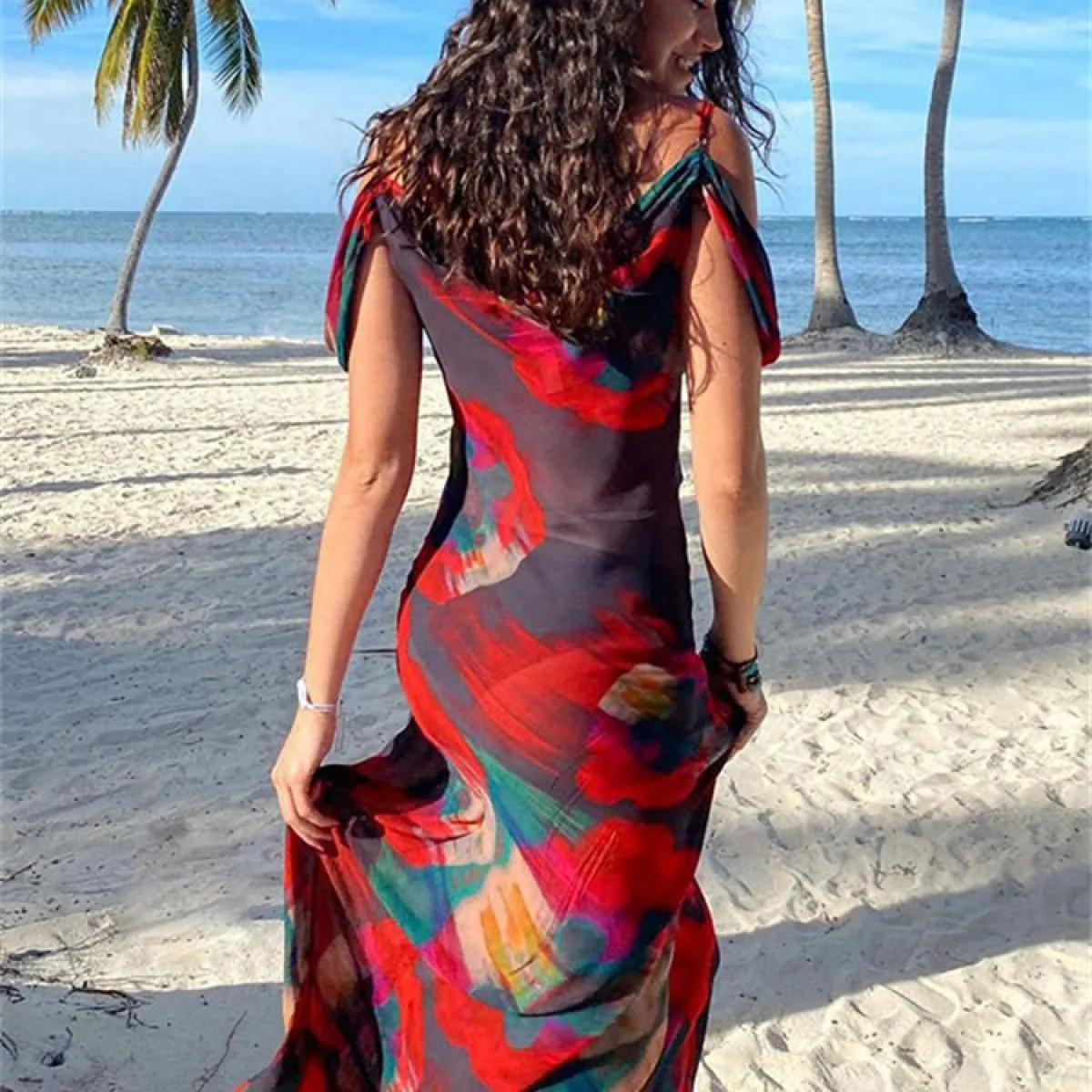 Fashion Abiti con scollo all'americana stampati sulla schiena per le donne Abito elegante Y2k da festa in spiaggia a vita