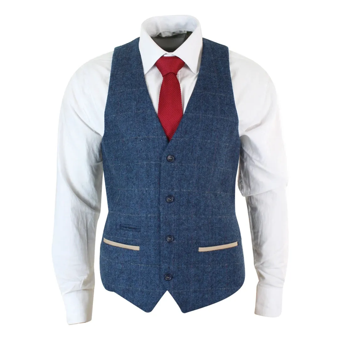 Gilet Elegante da Uomo in Tweed Blu, Blu Scuro o Nocciola e Finiture in Velluto