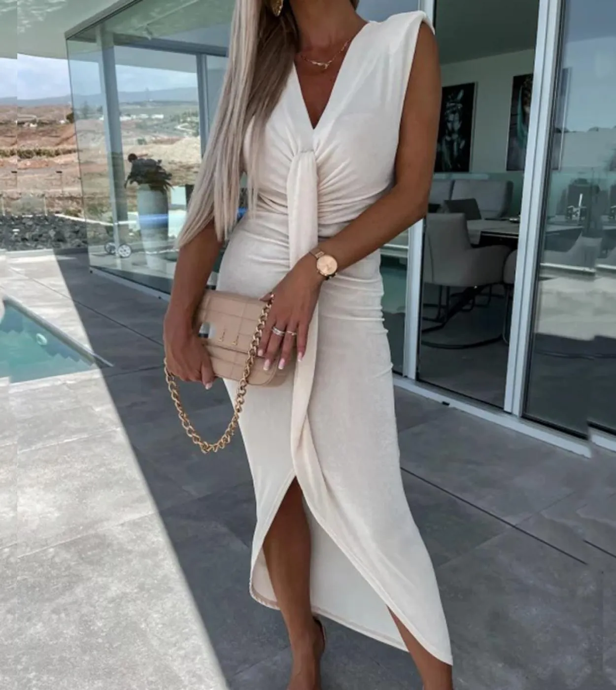 Hot Girl Bodycon Abito lungo da ufficio Elegante scollo profondo con scollo a V Split Drappeggiato Abito da festa Estate Donna C