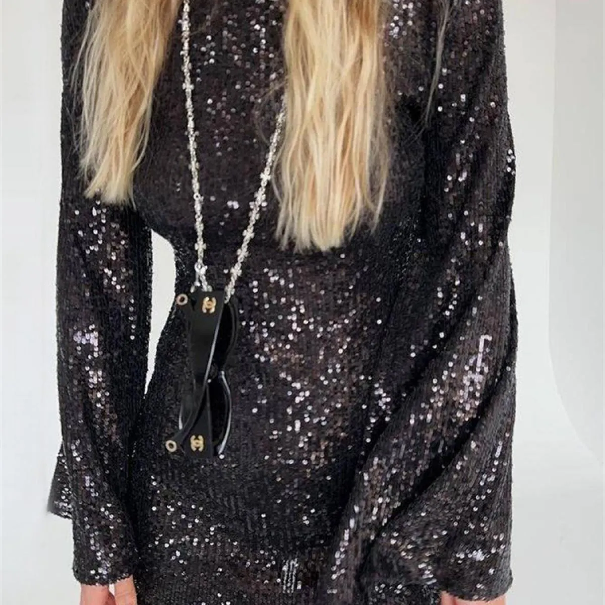 Mini abito autunnale con paillettes moda femminile glitter trasparente manica lunga elegante abito da festa da club scintillante