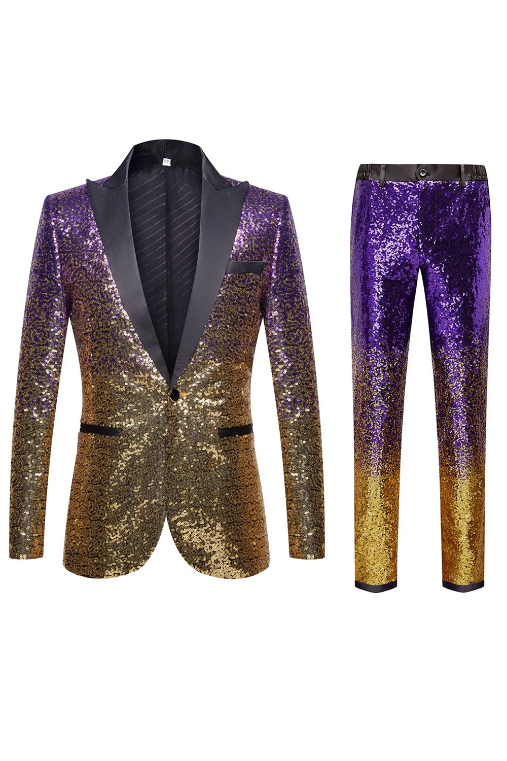 Ombre Paillettes Viola Uomo 2 Pezzi Vestibilità aderente Risvolto dentellato Abito da festa
