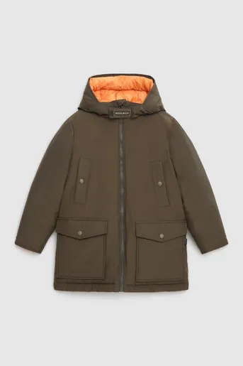 Parka verde militare in tessuto ramar reversibile in piumino lungo arancione 12-14 anni