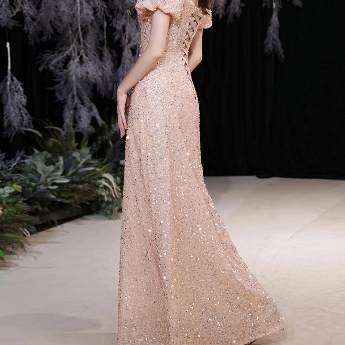 Sprakly Champagne Paillettes Abito da sera Sweetheart A Line Manica corta a sbuffo 2023 Nuova festa formale Spettacolo Prom Cele