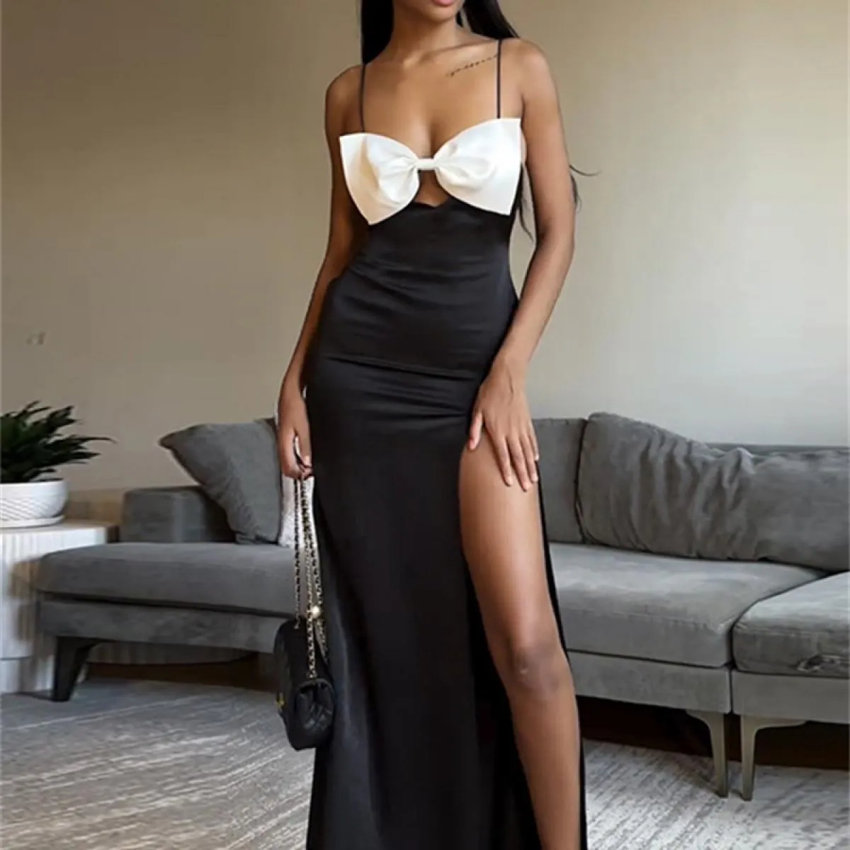 Tee Bow Abito maxi a contrasto diviso alto Abito femminile slim patchwork Holiday Beach Abito da festa alla moda senza sch