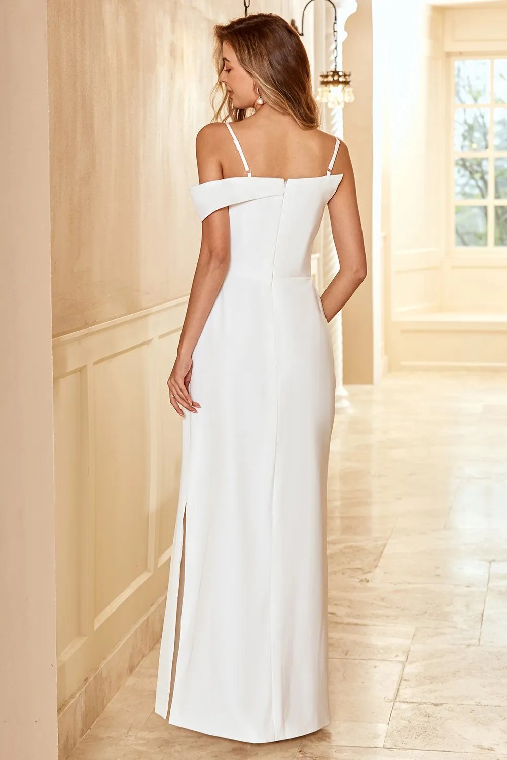Tubino Spaghetti Straps Bianco Lungo Abito da Damigella d'Onore